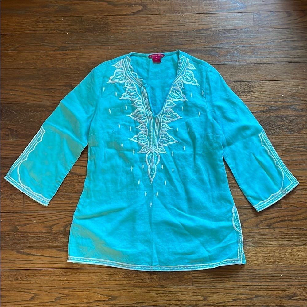 Sunny Leigh Bright Blue and White Embroidered Linen Tunic Top